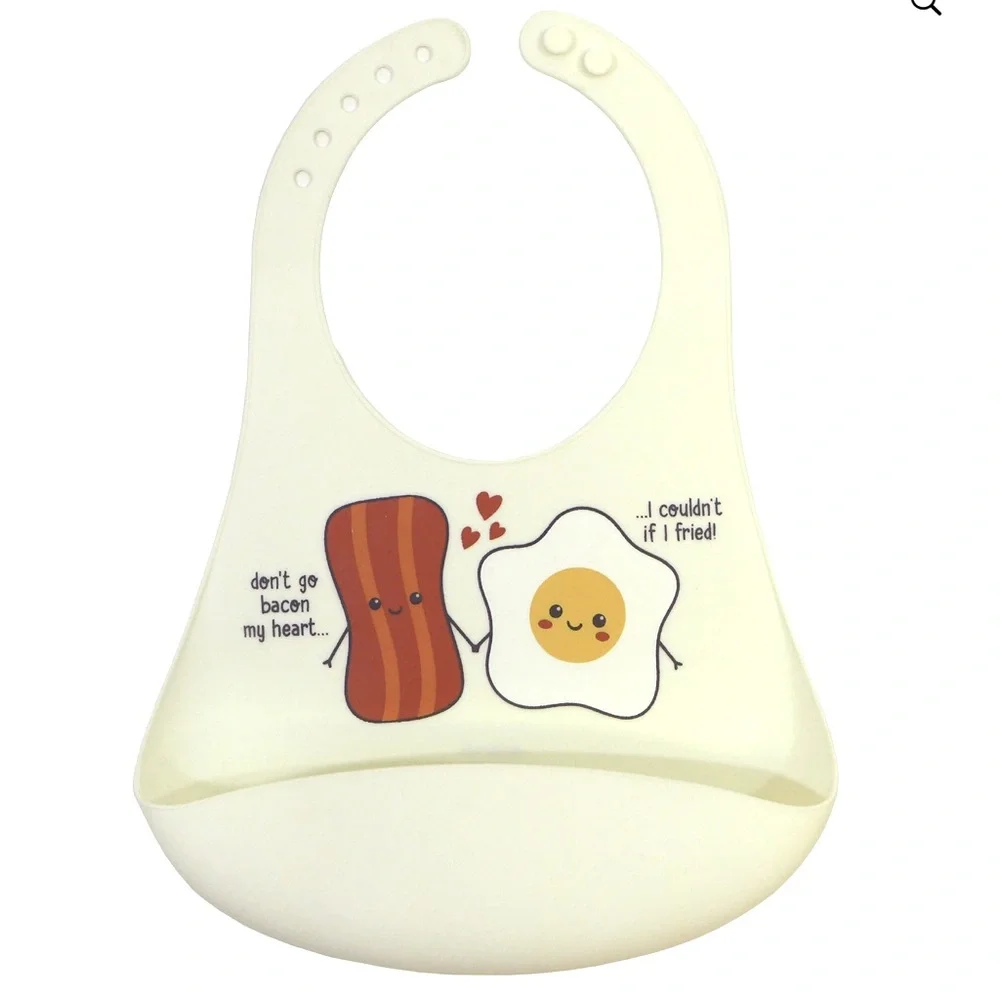 Silicone Baby Bib Set of 2 Crumb Catcher Waterproof Feeding Bibs Bacon Eggs